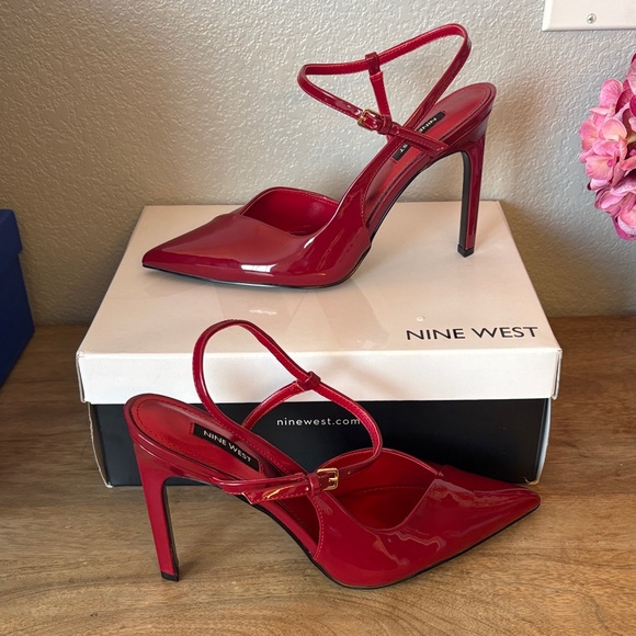 Nine West Shoes - Nine West Red Patent Pointed-Toe Stiletto Heels with Ankle Straps
